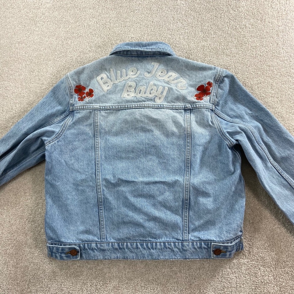 Marine Layer Denim Jacket Women Large Blue Floral Blue Jean Baby Embroidered - Picture 8 of 15